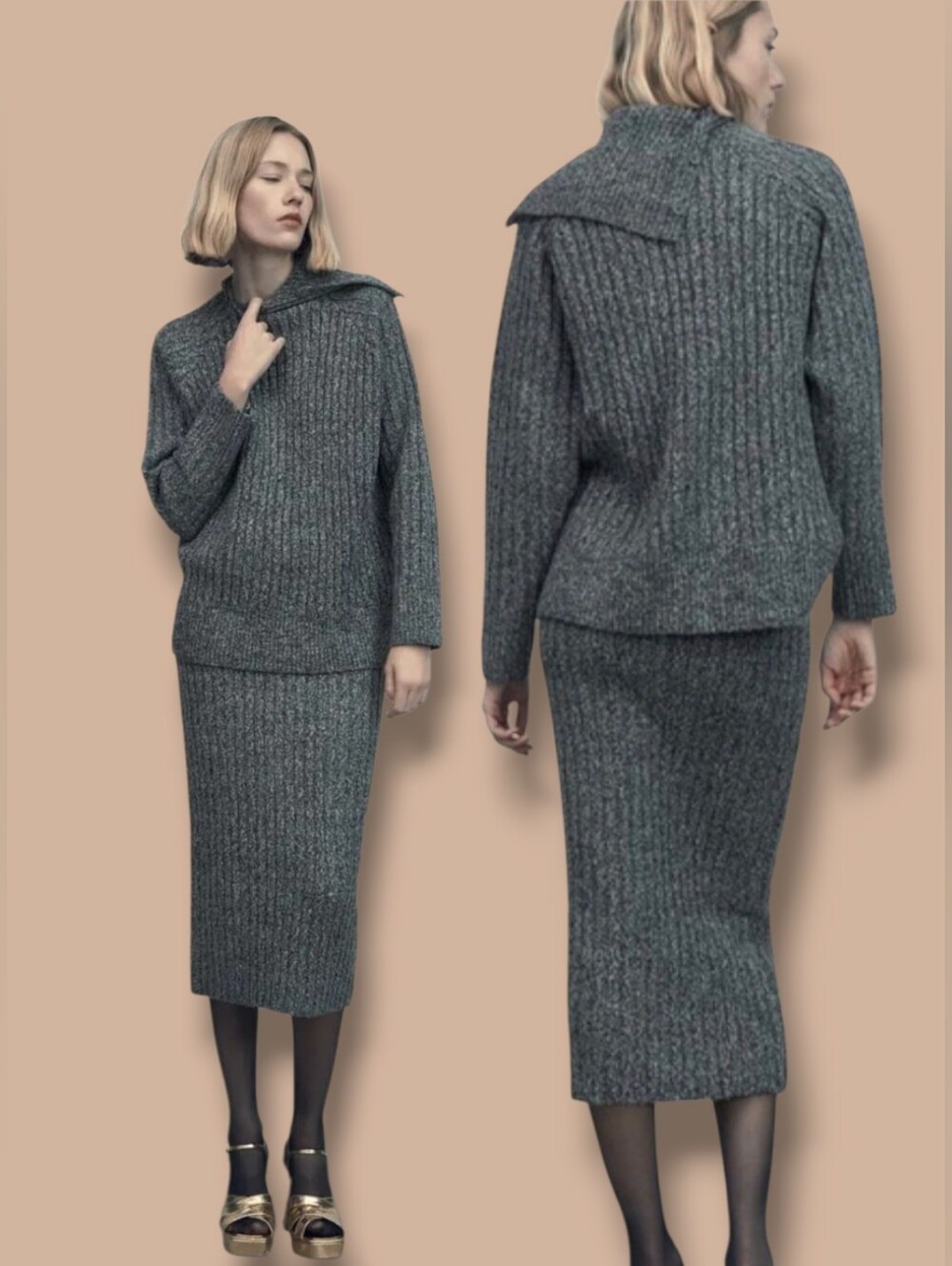 ZARA Women's Gray Ribbed Knit High Collar Oversized Sweater